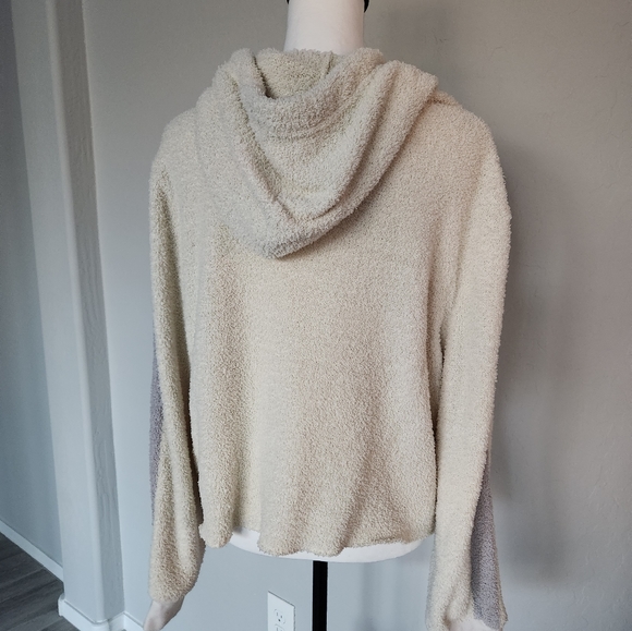 Champion Cream Teddy Fleece Semi Cropped Hoodie Sweater Long Sleeve Stripe Sz XL - Picture 4 of 12